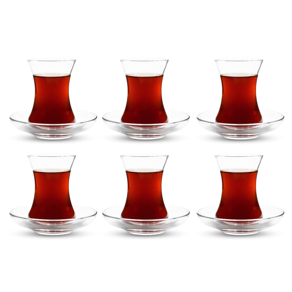 ums Turkish Tea Glass Set with six glasses showing tea color and warm feel
