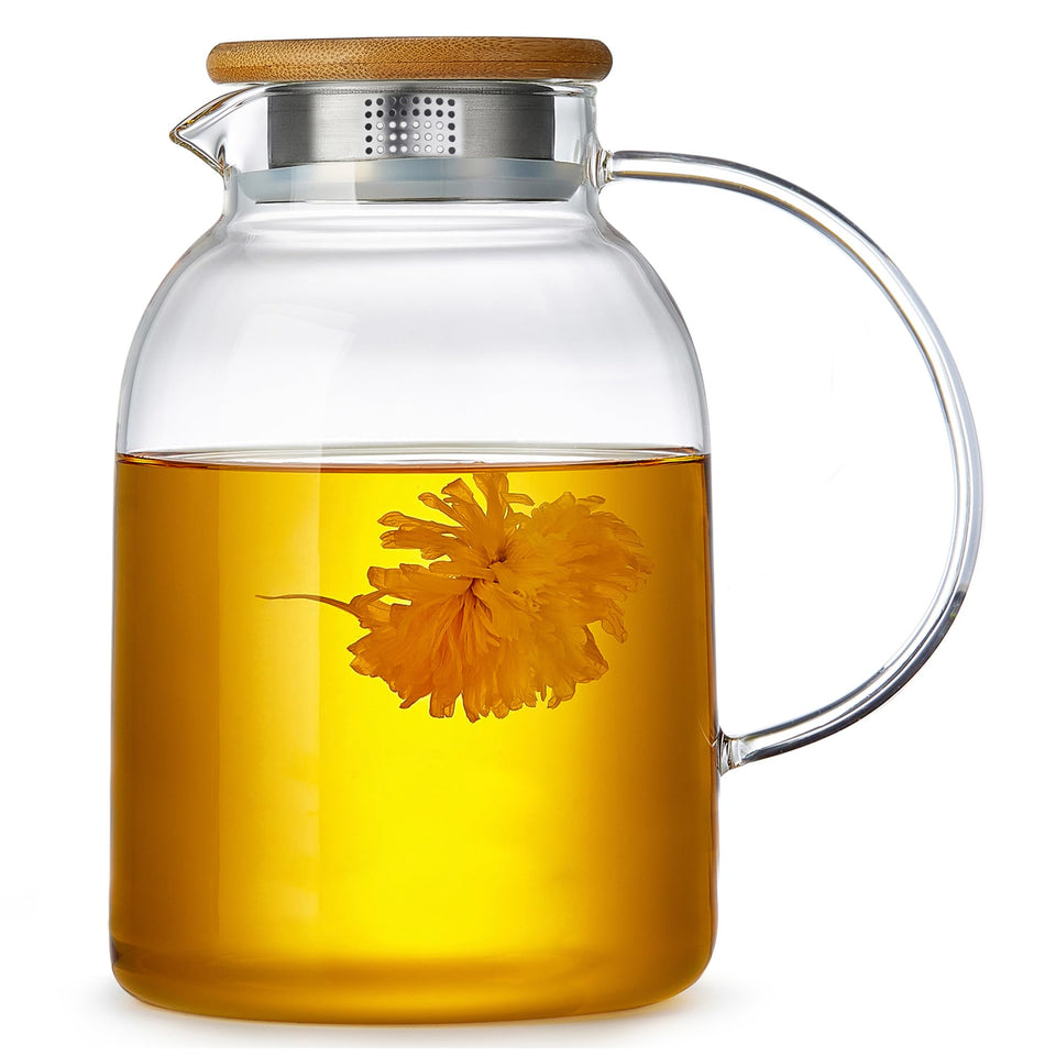 Unbreakable large glass teapot with infuser for precise pouring and blooming tea display.