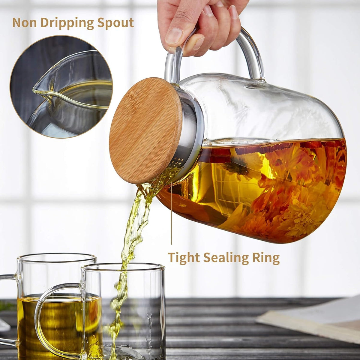 Removable bamboo lid on the Unbreakable teapot enhances safe pouring and easy lid removal.