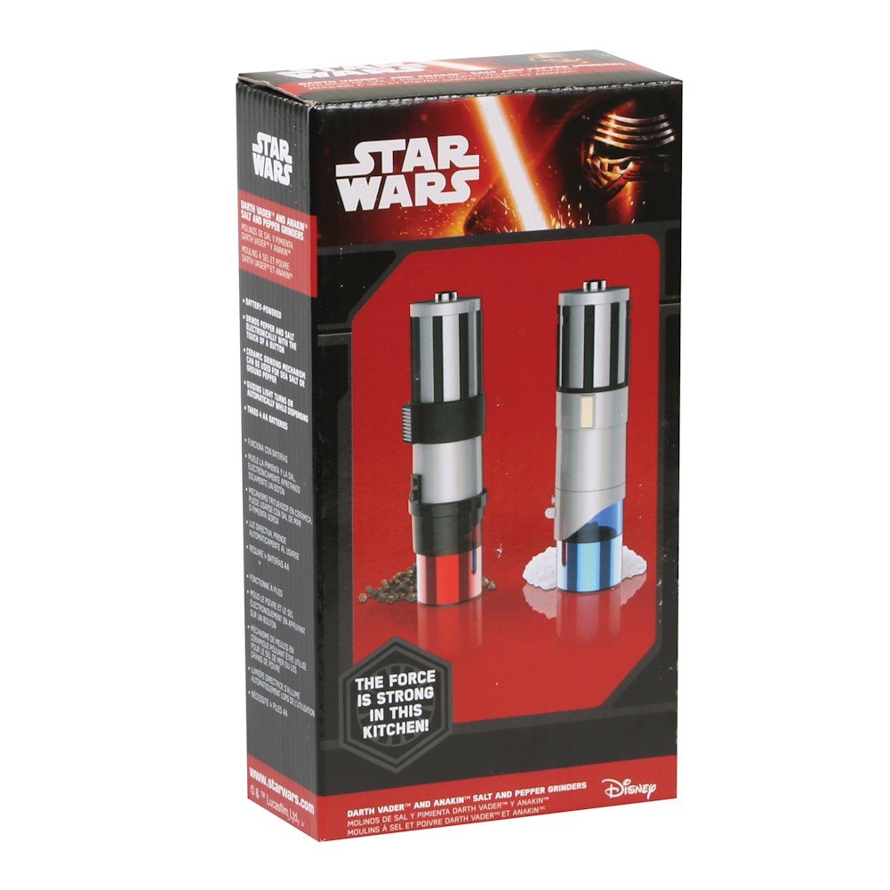 Uncanny Brands Star Wars Lightsaber salt pepper mills pack 2, ceramic core for smooth grinding.