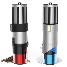Uncanny Brands Star Wars Lightsaber salt pepper mills pack 2, front view, stylish kitchen seasoning accessory.