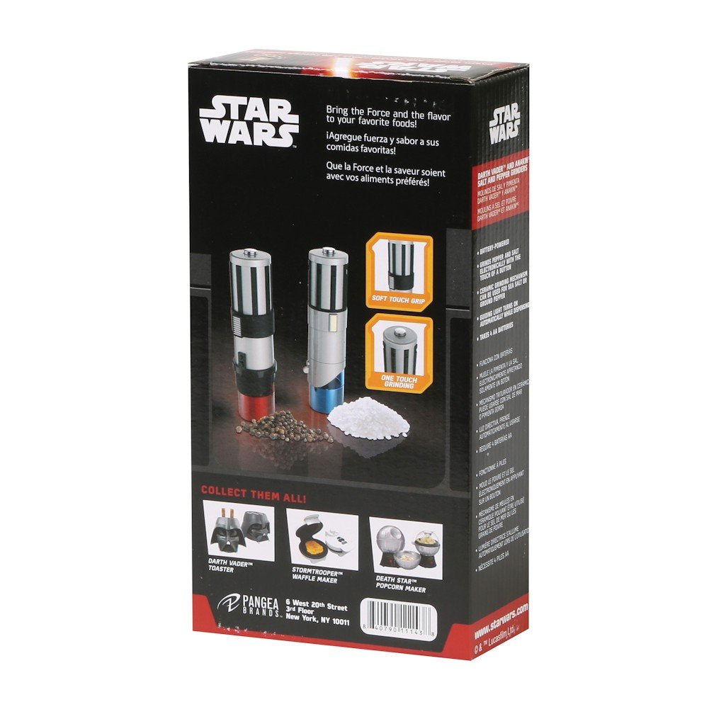 Uncanny Brands Star Wars Lightsaber salt pepper mills pack 2, leak-proof bottom cap preserves freshness.