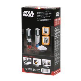 Uncanny Brands Star Wars Lightsaber salt pepper mills pack 2, leak-proof bottom cap preserves freshness.