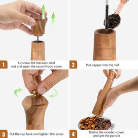 UNIOVC acacia salt grinder showing adjustable coarseness knob.