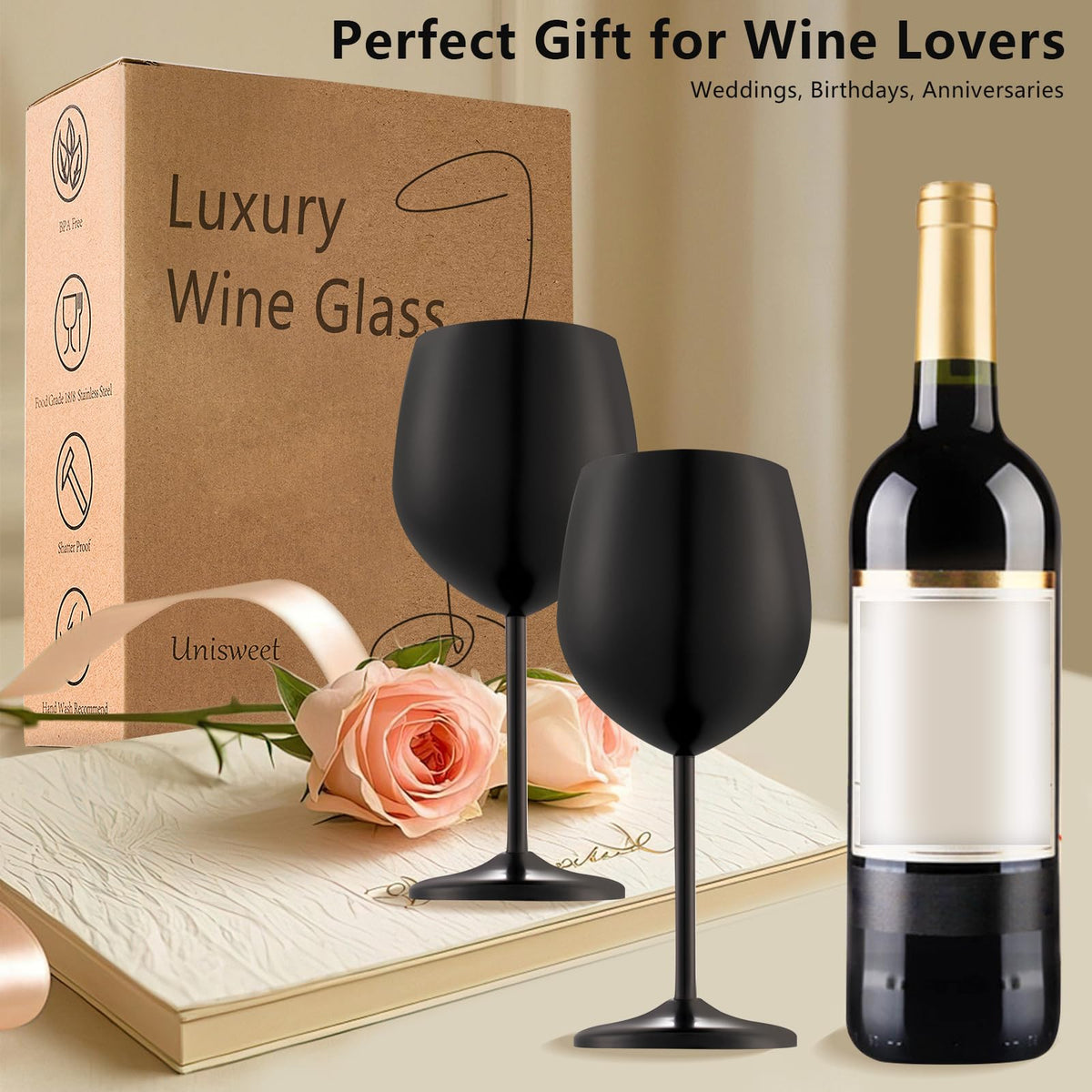 UNISWEET gift-ready stainless steel wine glasses ideal for housewarmings and celebrations.