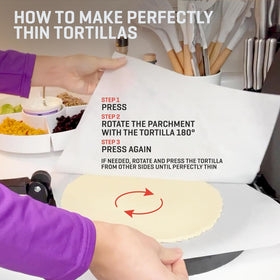 Uno Casa tortilla press parchment paper included for immediate use.