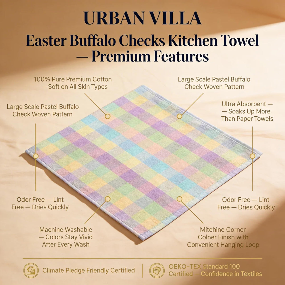 Urban Villa Easter decor kitchen towels add festive color while drying dishes.