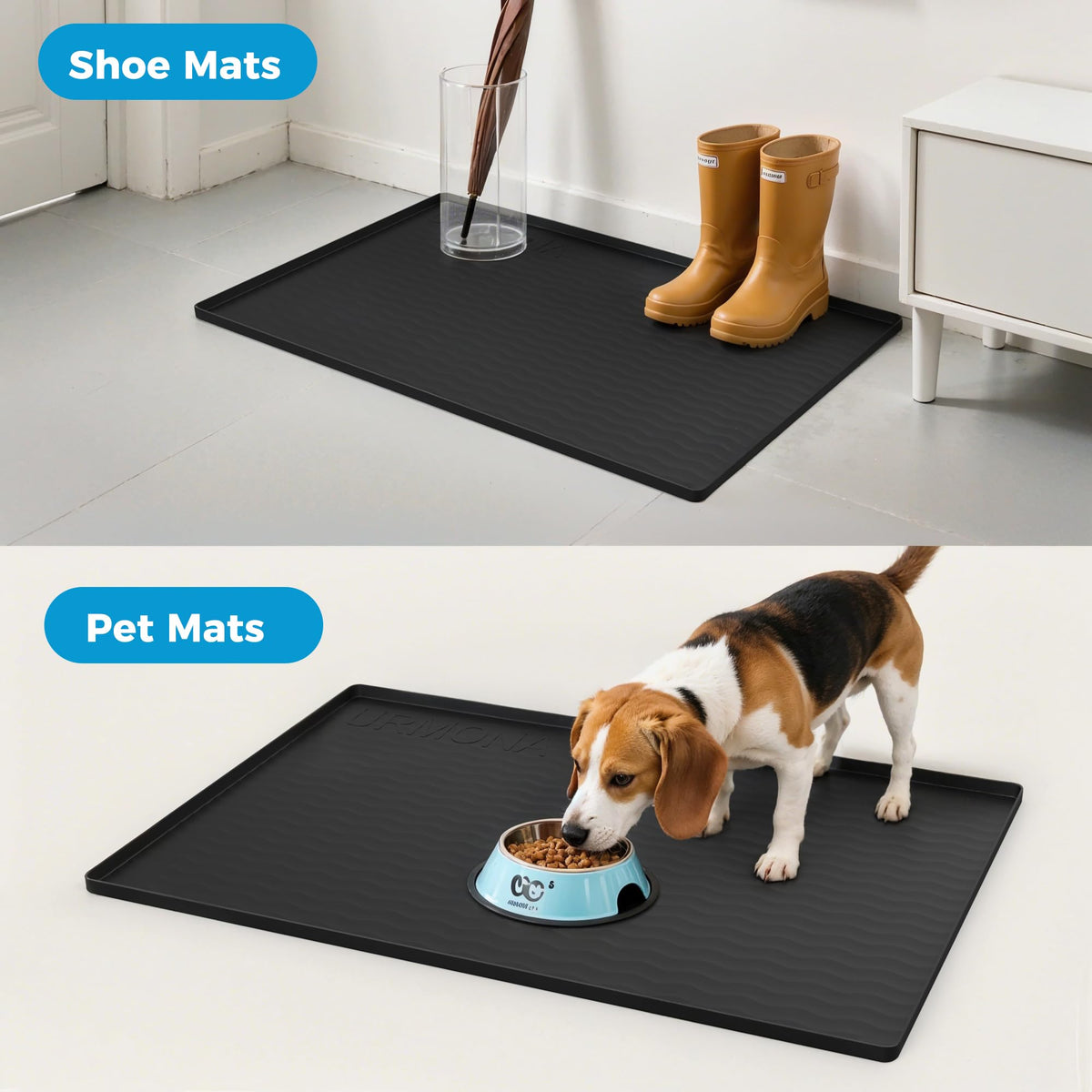 URMONA pet dining mat keeps floors clean during feeding.