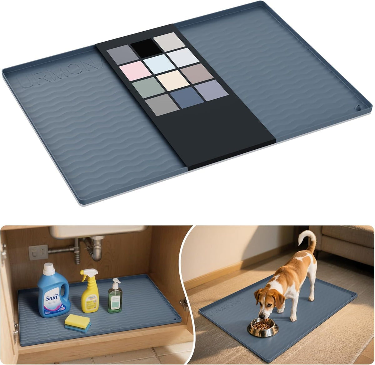 URMONA Under-Sink Mat 28x19 in dark grey protecting cabinets from spills.
