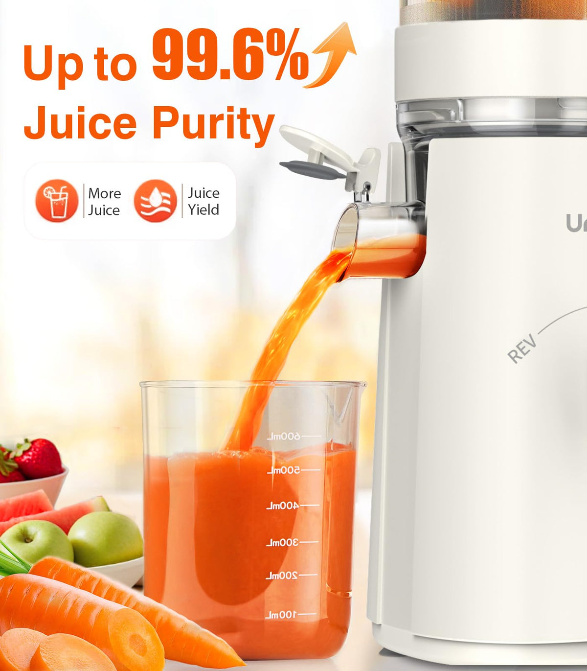 URVIBY juicer wide chute with 5-inch opening for whole-fruit processing.