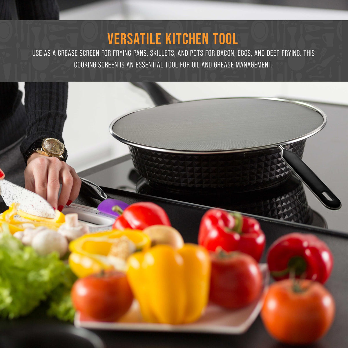 U.S. Kitchen Supply comfort-handled splatter screen stays steady.