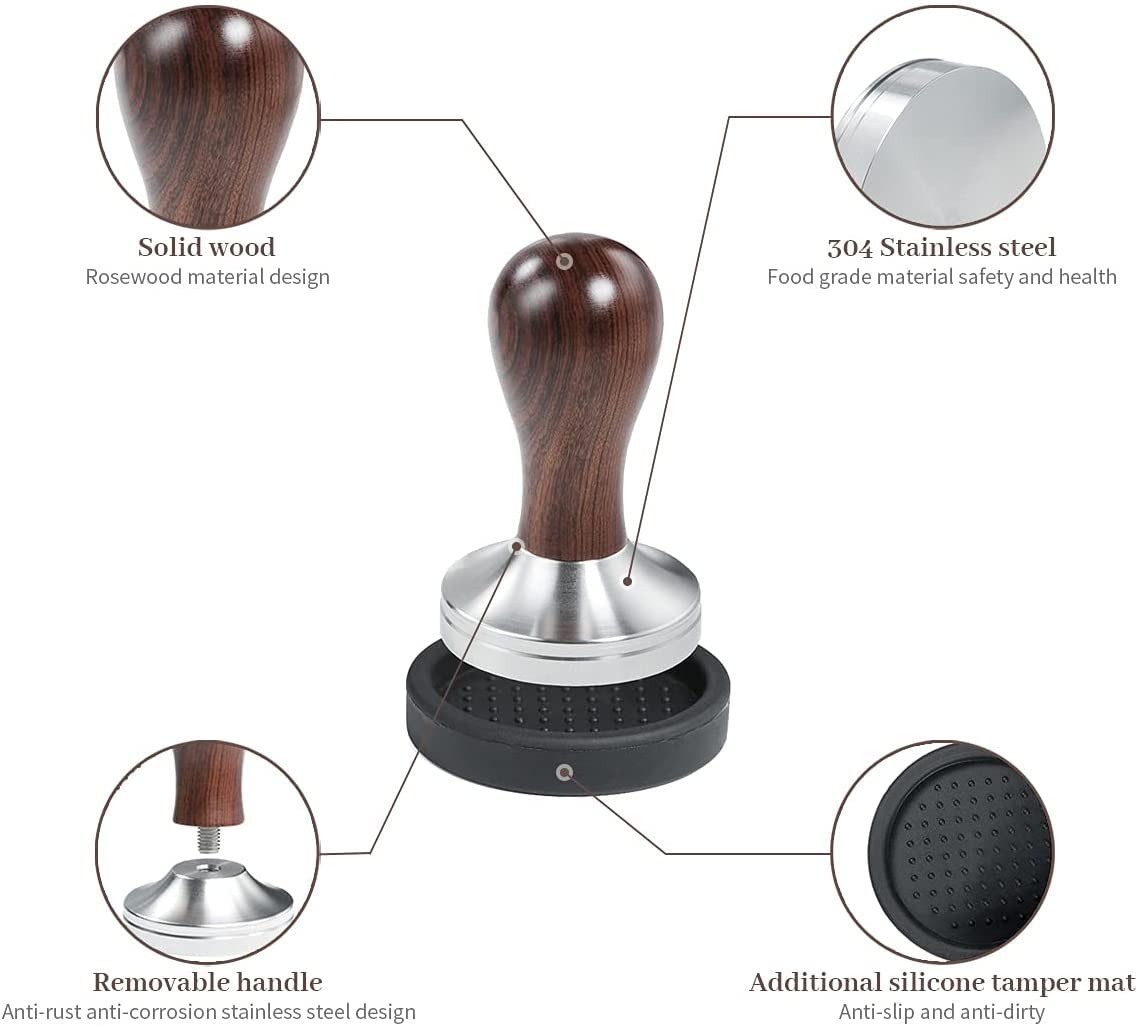 USEAMIE coffee tamper with wooden handle offering ergonomic grip.