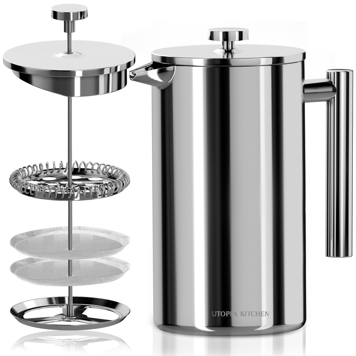 Utopia Kitchen 304 stainless steel French press shows a durable body for rich coffee