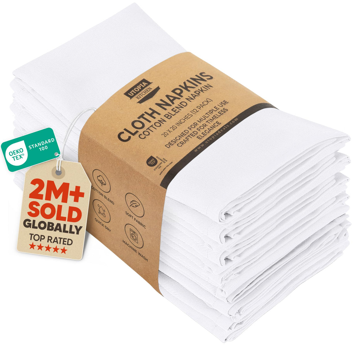Utopia Kitchen white napkins, 12-pack folded for daily use.