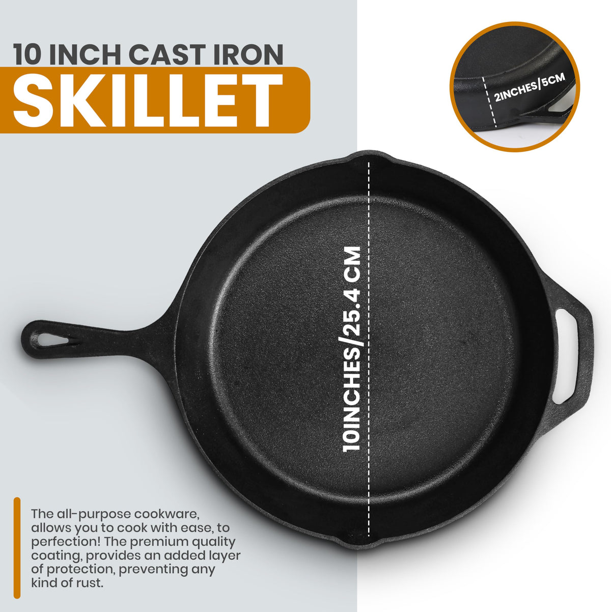 Pre-seasoned cast iron skillet ready to use right out of the box by Utopia Kitchen.