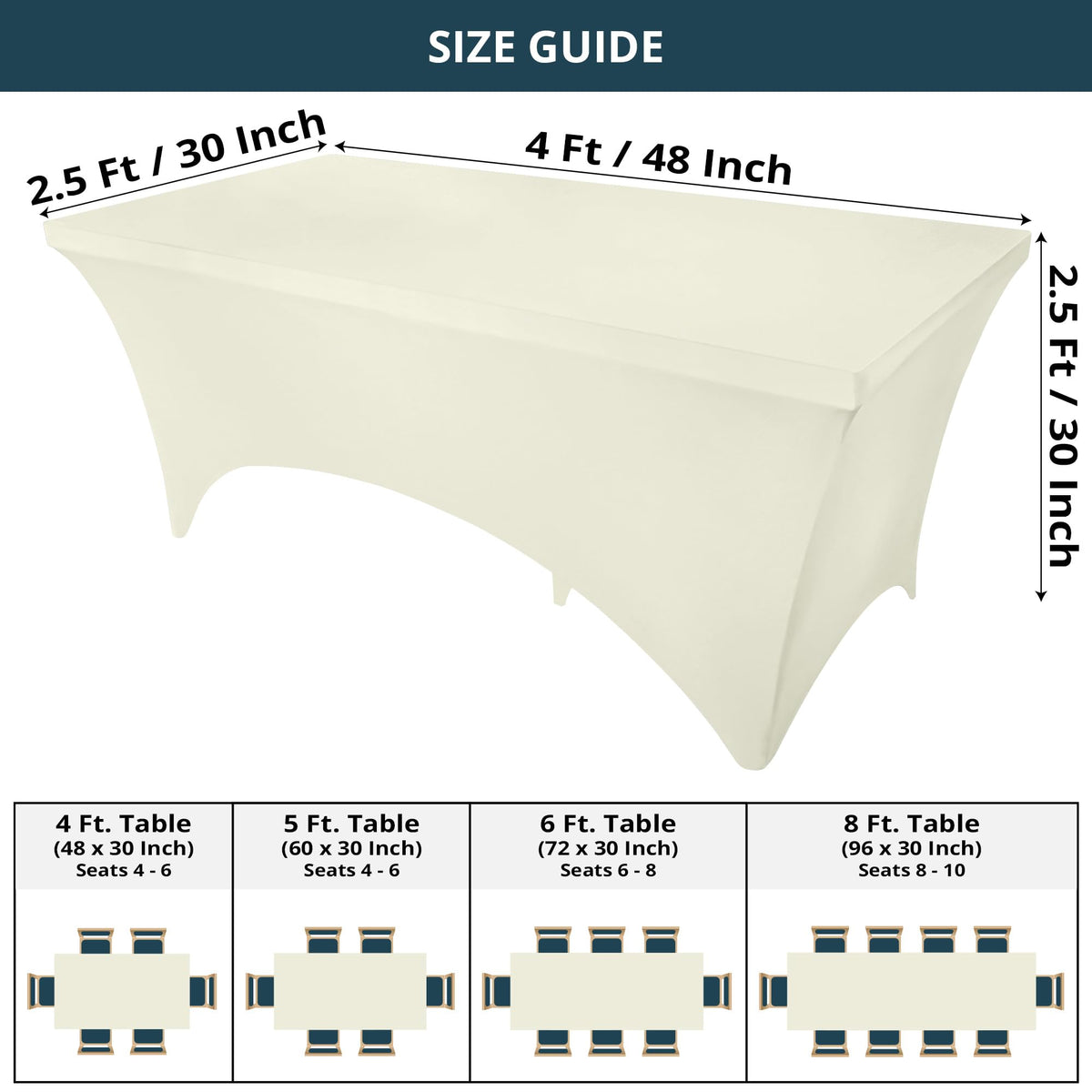 Utopia Kitchen spandex tablecloth on a 4-foot ivory side view highlights reinforced leg pockets