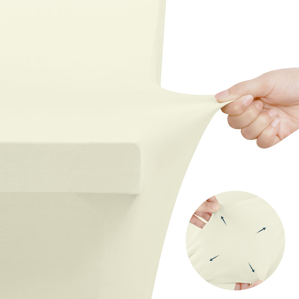 Utopia Kitchen spandex tablecloth on a 4-foot ivory trade show display with smooth finish
