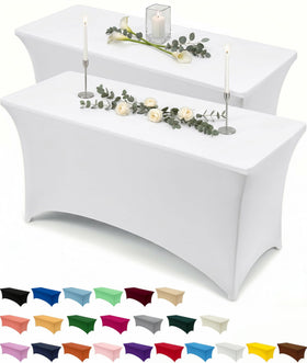 Utopia Kitchen spandex tablecloth on a 4ft white table for a secure, clean presentation.