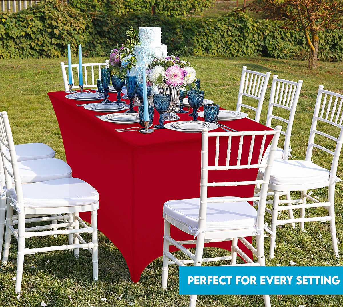 Utopia Kitchen spandex tablecloth enhances a buffet display with clean lines.