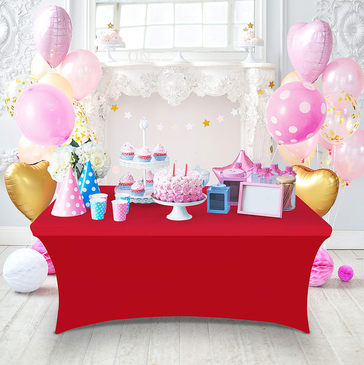 Utopia Kitchen spandex tablecloth presents a red, trade-show-ready table setup.