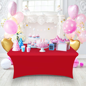 Utopia Kitchen spandex tablecloth presents a red, trade-show-ready table setup.