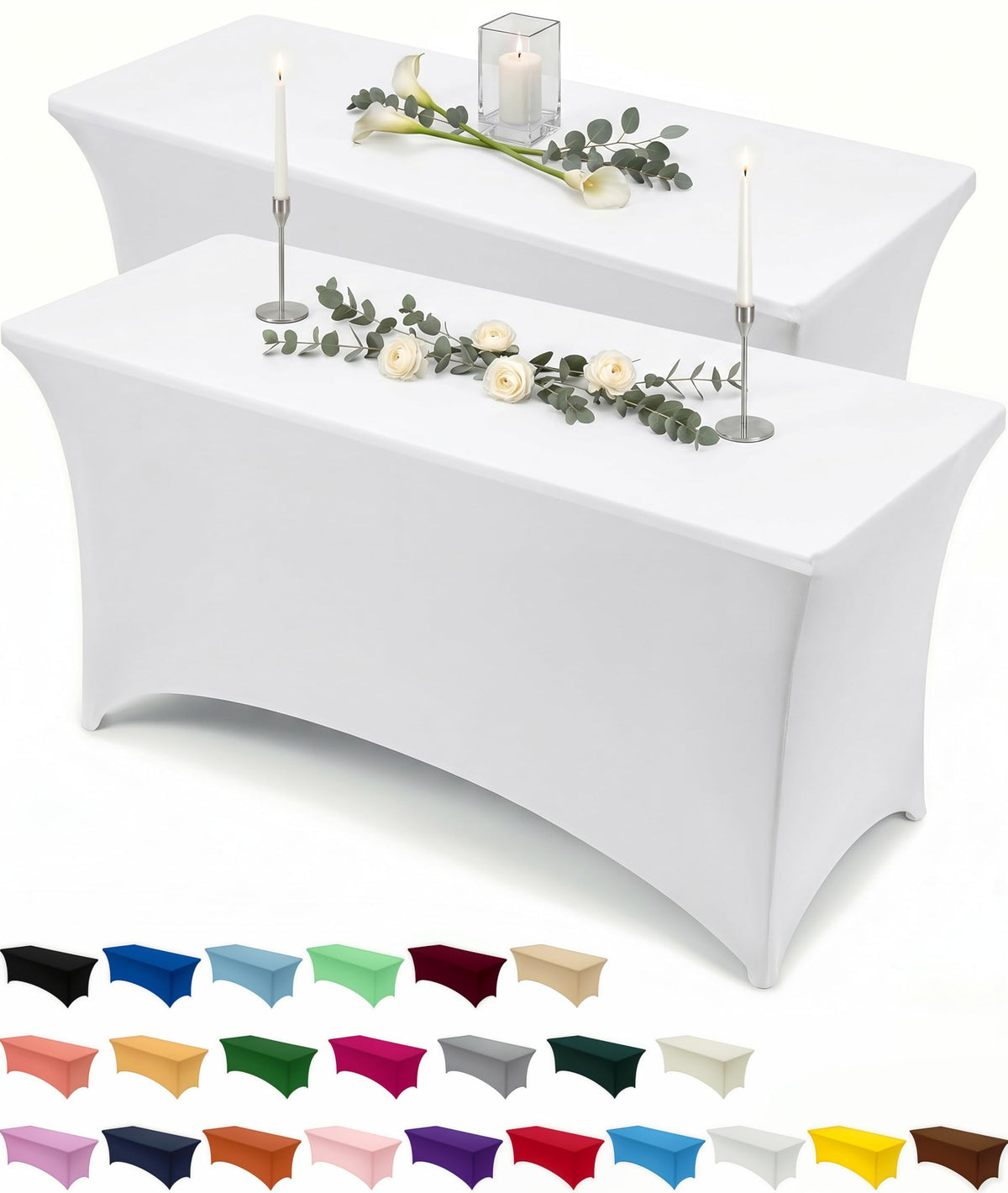 Utopia Kitchen spandex tablecloth on a 6ft white table for a clean, professional display.