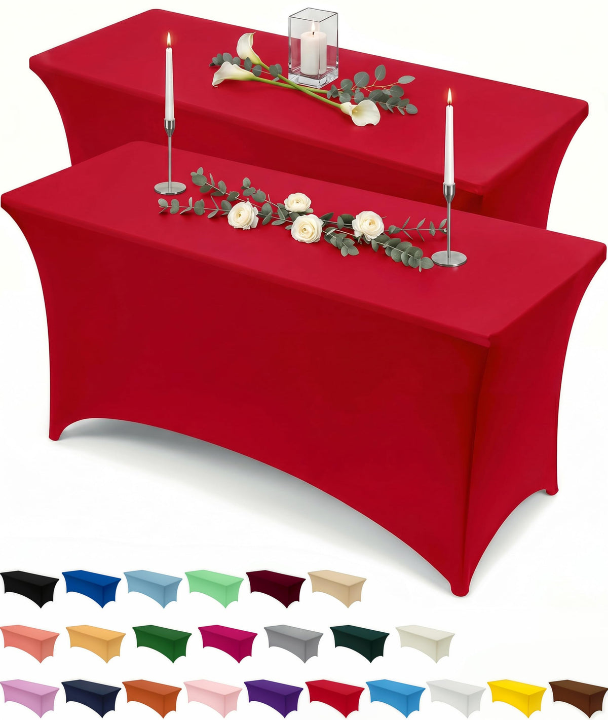 Utopia Kitchen spandex tablecloth 8ft red, two-pack, ready for quick, secure setup