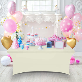 Utopia Kitchen spandex tablecloth 8ft ivory suits buffets and catering stations.