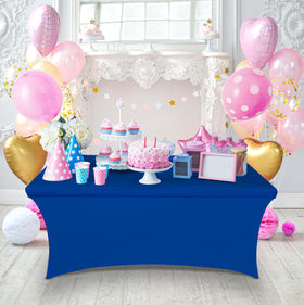 Buffet-style display covered by Utopia Kitchen spandex tablecloth on an 8-foot table.