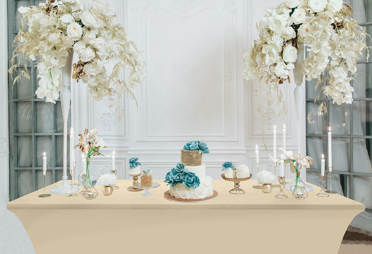 Utopia Kitchen spandex tablecloth in champagne color adds modern elegance to tables.
