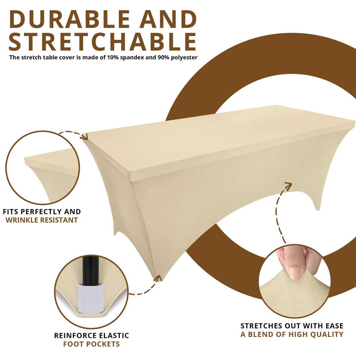Utopia Kitchen spandex tablecloth highlights stain and scratch resistance for busy events.
