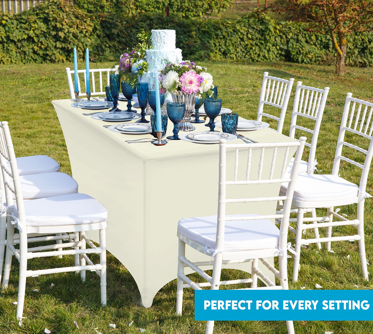 Utopia Kitchen spandex tablecloth ivory creates a sleek backdrop for weddings and receptions.