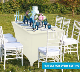 Utopia Kitchen spandex tablecloth ivory creates a sleek backdrop for weddings and receptions.