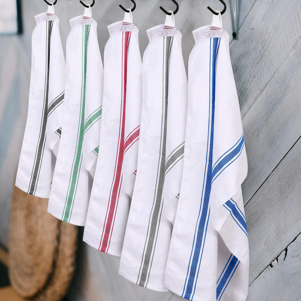 Close-up of Utopia Towels grey dish towel weave and stripe detail