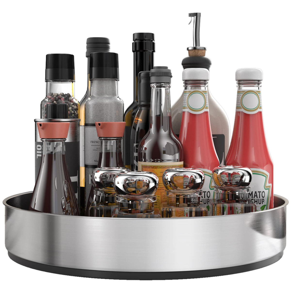 VAEHOLD Lazy Susan 10-inch stainless steel turntable keeps spice bottles easily accessible.