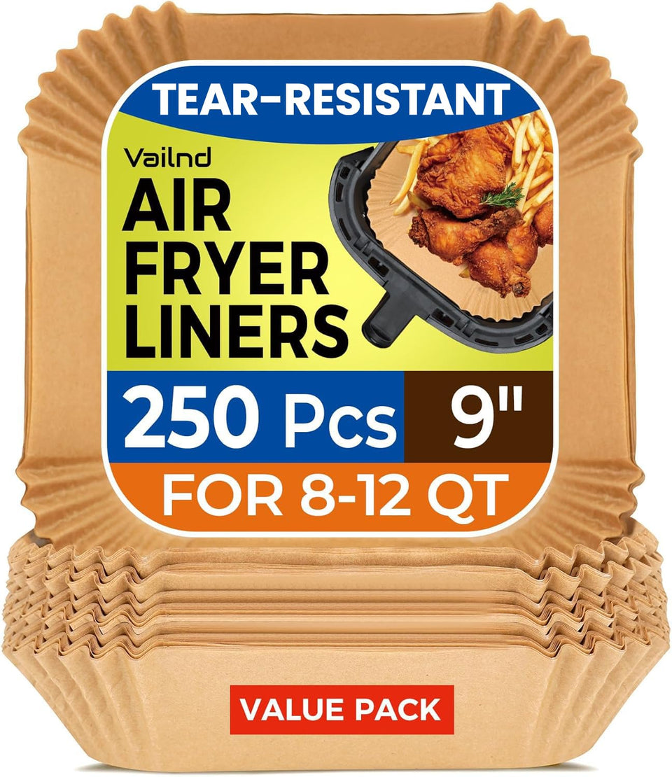 Vailnd 250pcs 9-inch square air fryer liners package for easy cleanup.