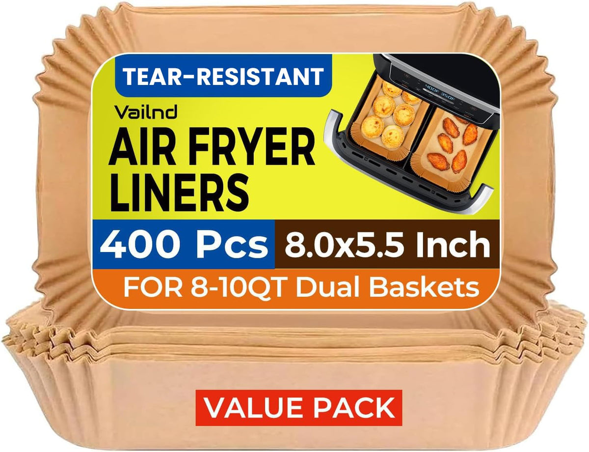 Vailnd 400pcs liners for dual baskets reduce mess during cooking.