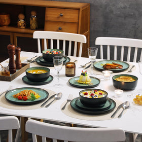 Vancasso Amber plates arranged for a dinner party show the turf green finish.