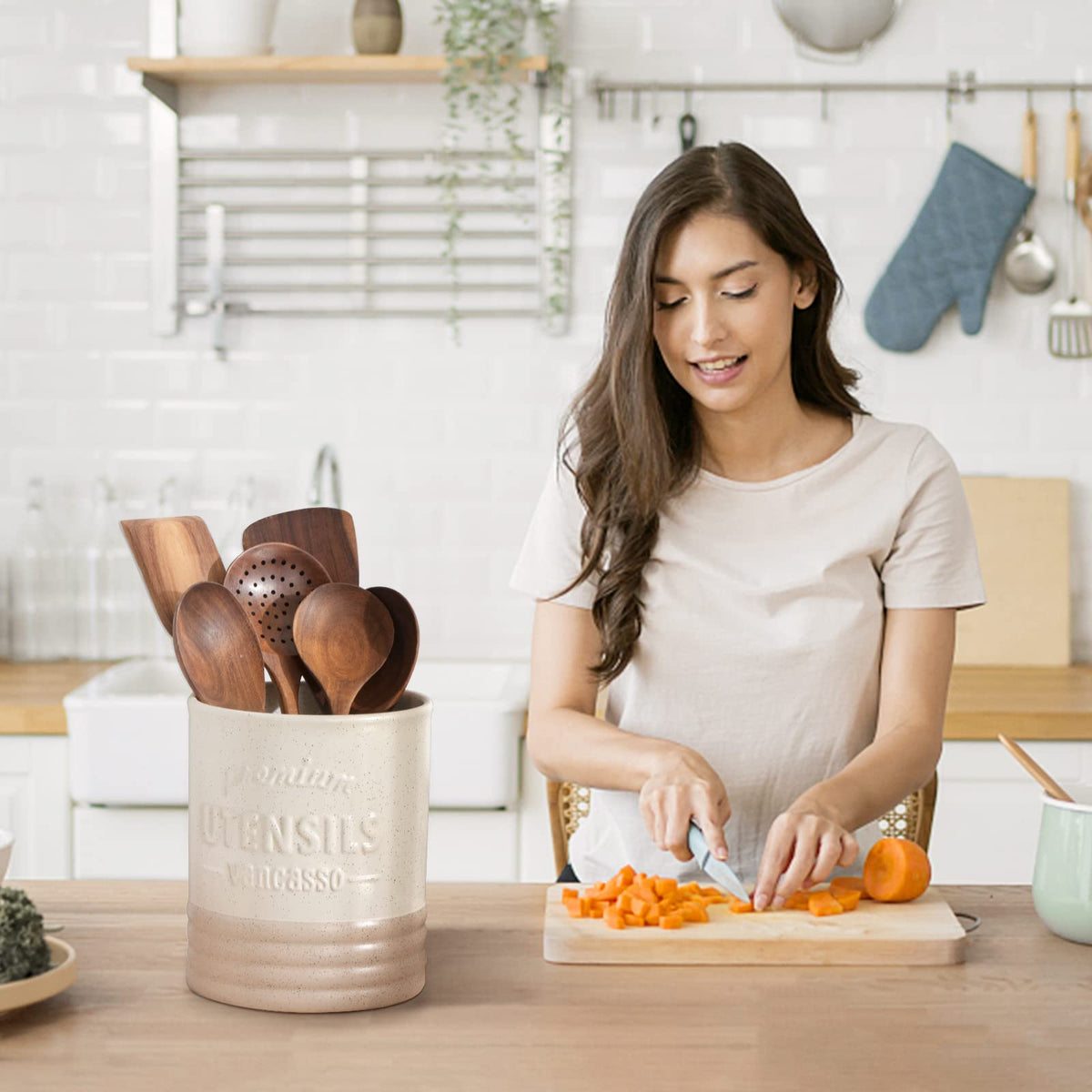 Sabine matte-cream finish blends with farmhouse décor and modern kitchens