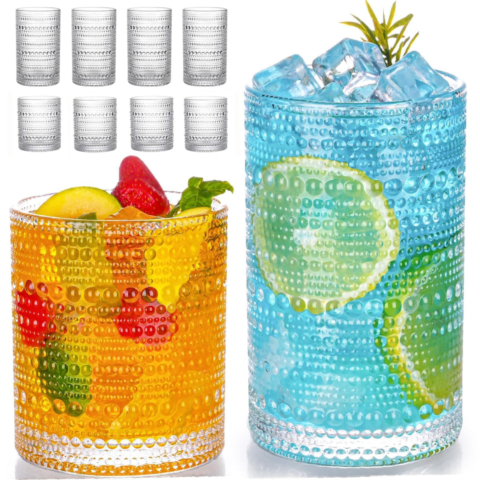 VANKUTL hobnail 12 oz highball glass front view, clear and elegant for cocktails.
