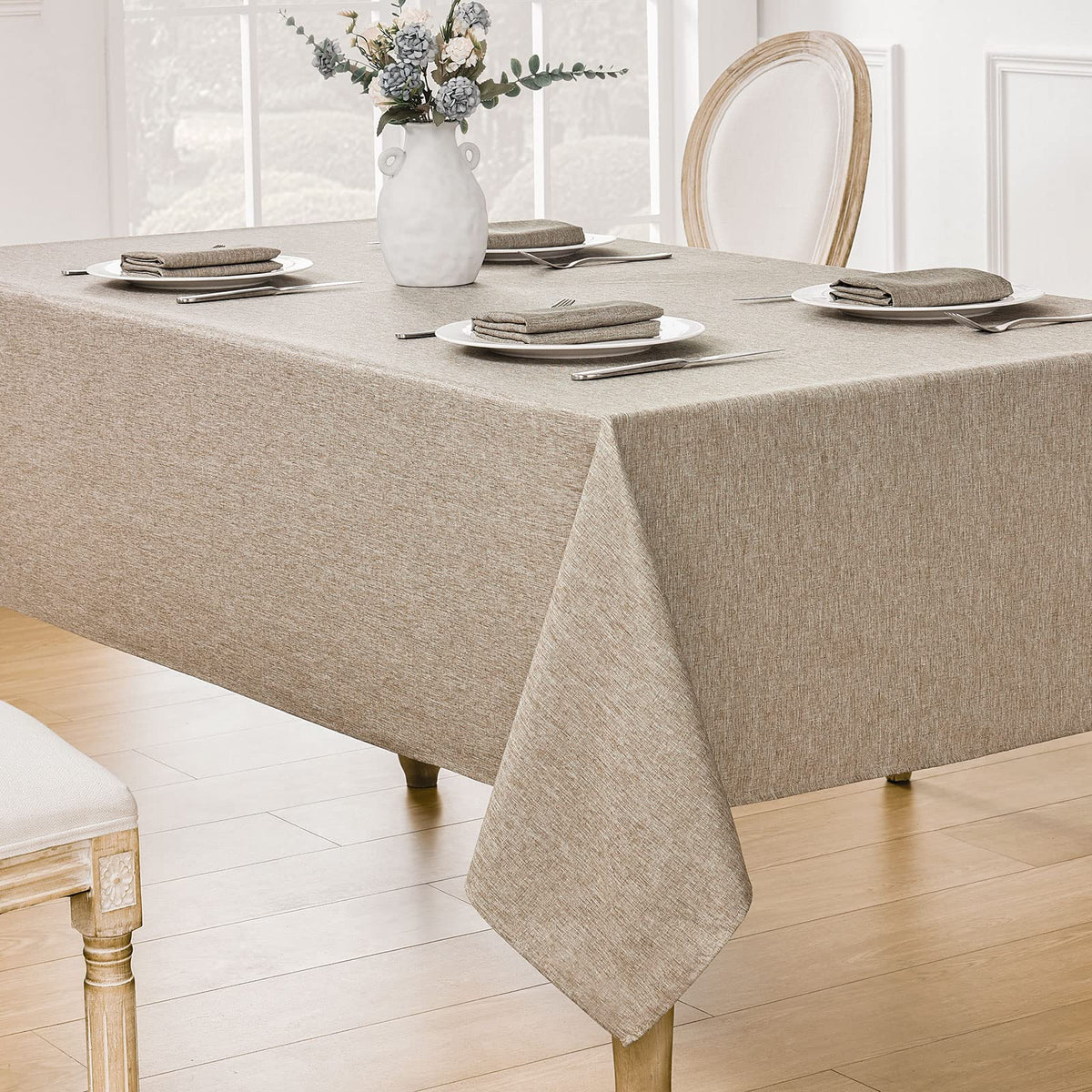 Veblandy farmhouse table cover in mocha complements rustic decor.