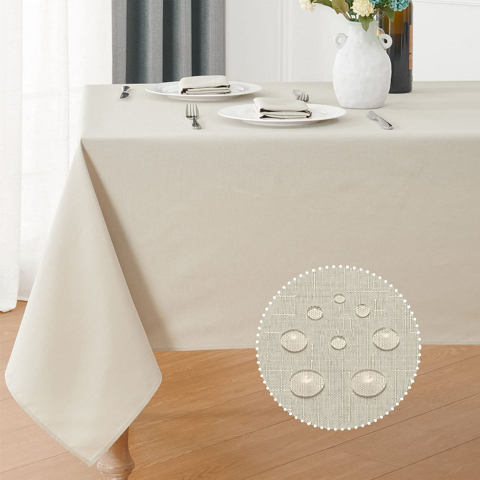 Veblandy rectangle tablecloth 60x144 beige on dining table, showcasing refined linen texture.