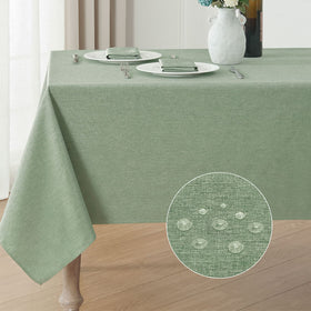 Veblandy rectangle tablecloth on a dining setup highlighting stain resistance and easy cleanup.