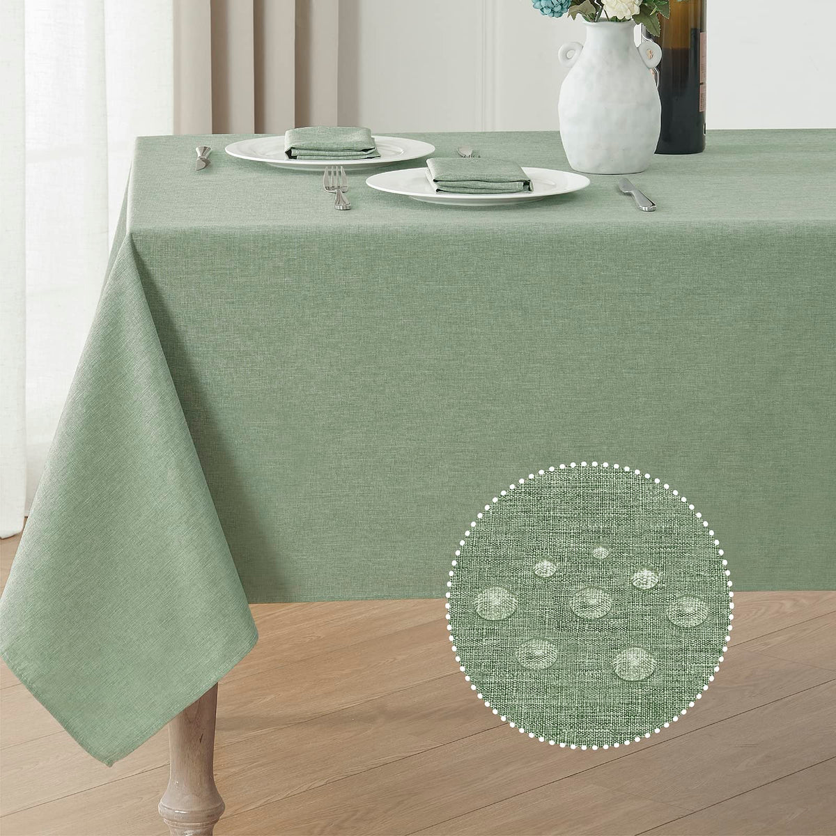 Veblandy rectangle tablecloth sage green 52x70 protects surfaces from spills and scratches.