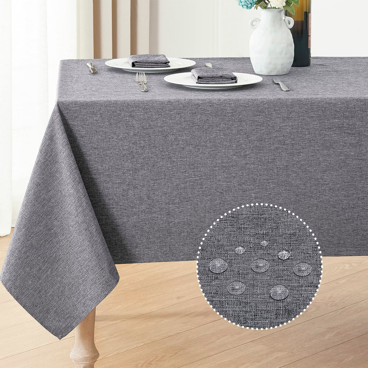 Veblandy rectangle tablecloth in dark grey on dining table showing spill resistance and refined style.