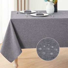 Veblandy rectangle tablecloth in dark grey on dining table showing spill resistance and refined style.