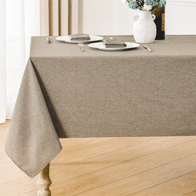 Veblandy rectangle tablecloth with mocha texture enhances dining ambience.