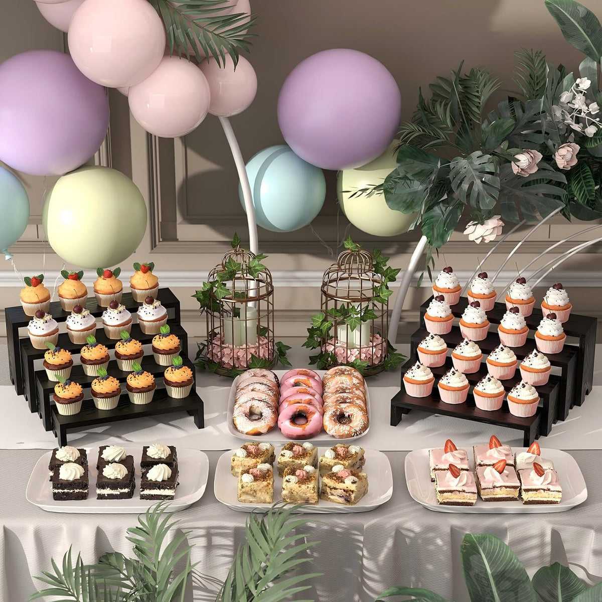 Vecxoty wooden dessert table display shows rustic charm for treats and desserts.
