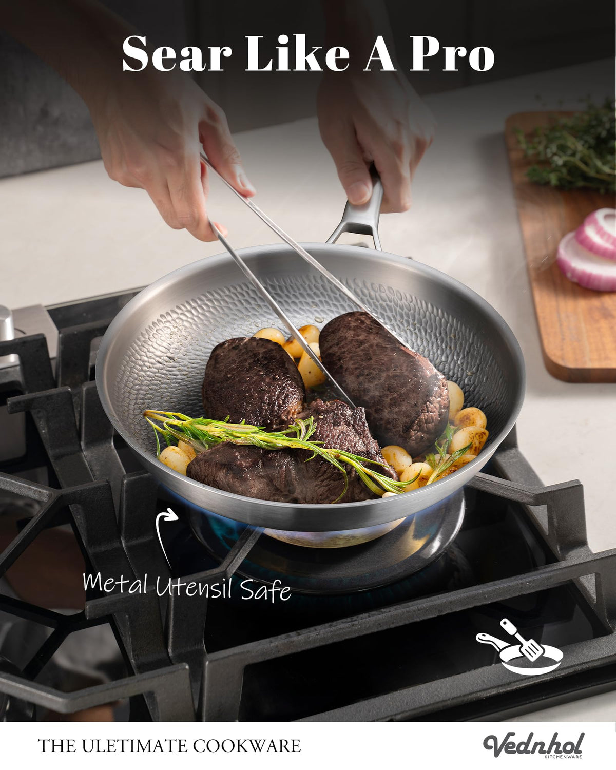 VEDNHOL Even-heat distribution ensures consistent cooking across pans.