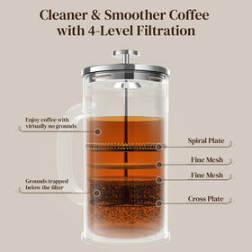 Veken French press carafe disassembles for easy hand washing and cleaning.